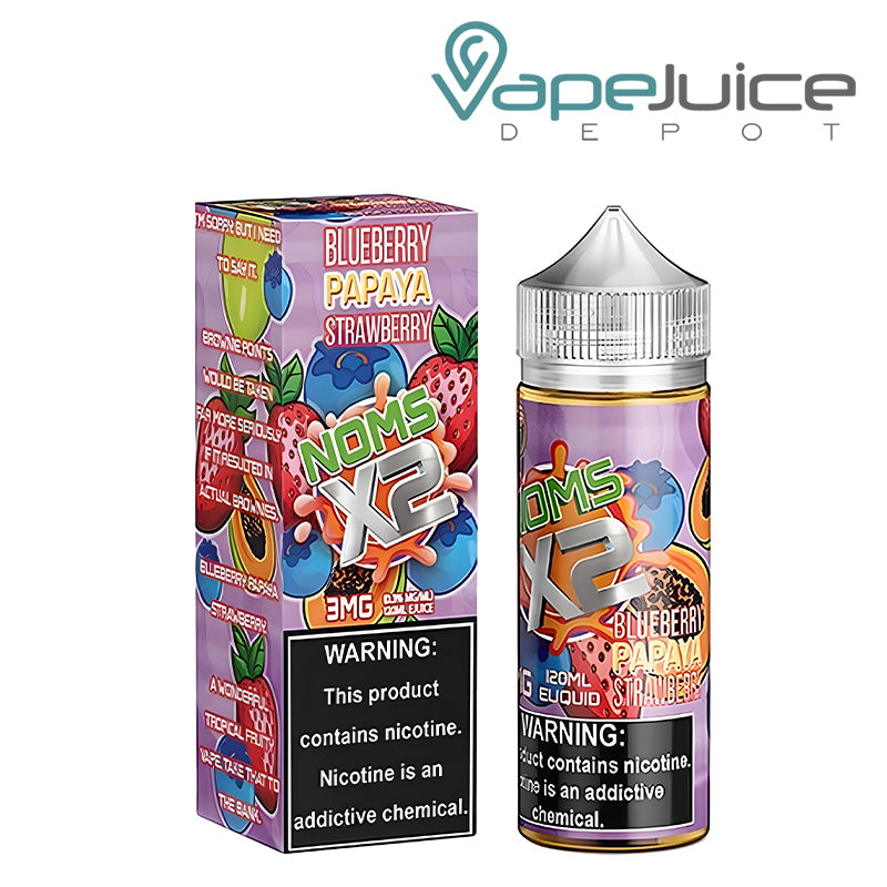 A Box of Blueberry Papaya Strawberry NOMS X2 with a warning sign and a 120ml bottle next to it - Vape Juice Depot