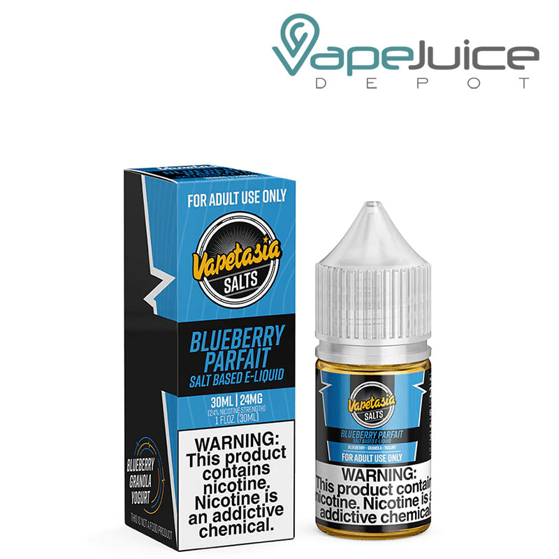 A box of Blueberry Parfait Vapetasia Salts with a warning sign and a 30ml bottle next to it - Vape Juice Depot