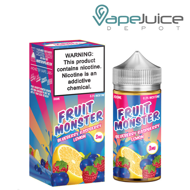 A box of Blueberry Raspberry Lemon Fruit Monster with a warning sign and a 100ml bottle next to it - Vape Juice Depot