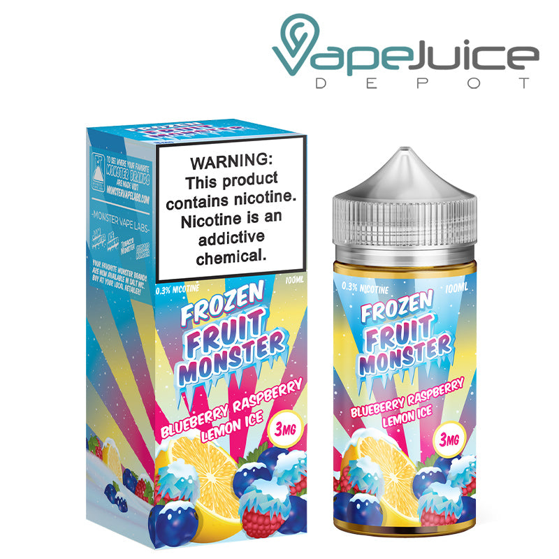A box of Blueberry Raspberry Lemon Ice Frozen Fruit Monster with a warning sign and a 100ml bottle next to it - Vape Juice Depot