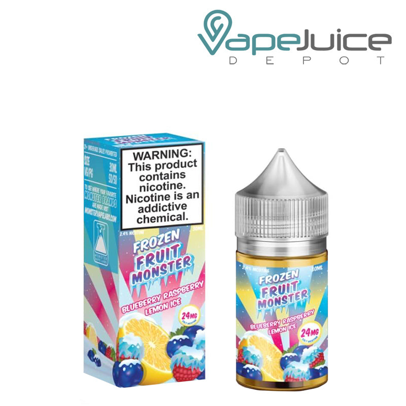 A box of Blueberry Raspberry Lemon Ice Frozen Fruit Monster Salts with a warning and a 30ml bottle next to it - Vape Juice Depot