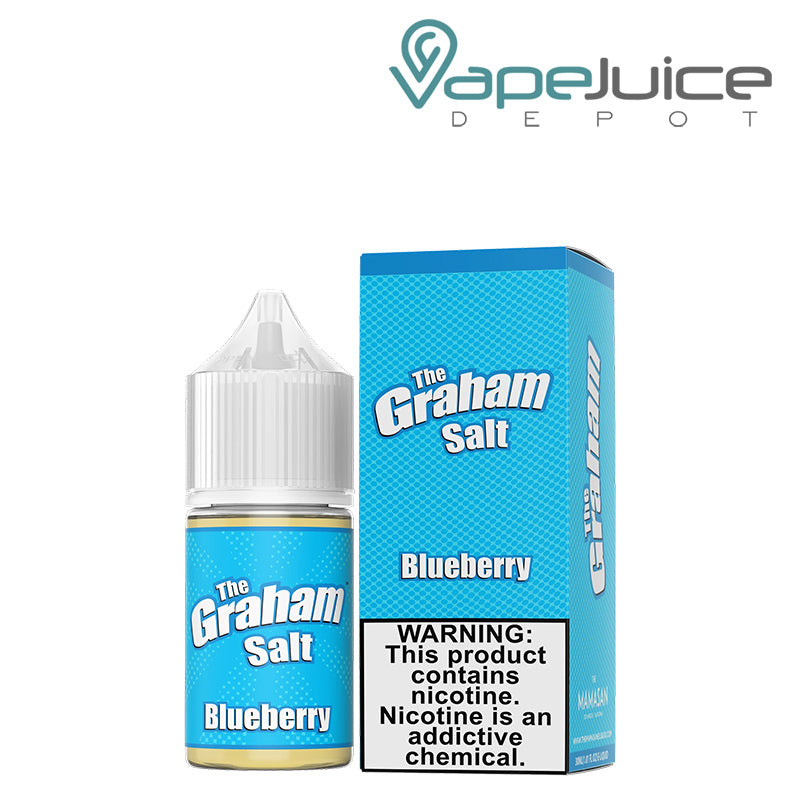 A 30ml bottle of Blueberry Salt The Graham Mamasan and a box with a warning sign next to it - Vape Juice Depot