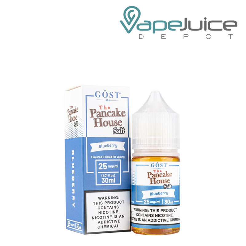 A box of Blueberry Salts The Pancake House with a warning sign and a 30ml bottle next to it - Vape Juice Depot