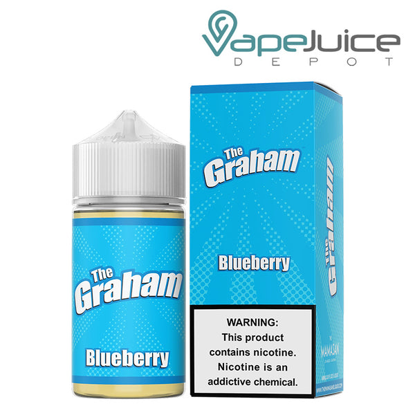 A 60ml bottle of Blueberry The Graham Mamasan eLiquid and a box with a warning sign next to it - Vape Juice Depot