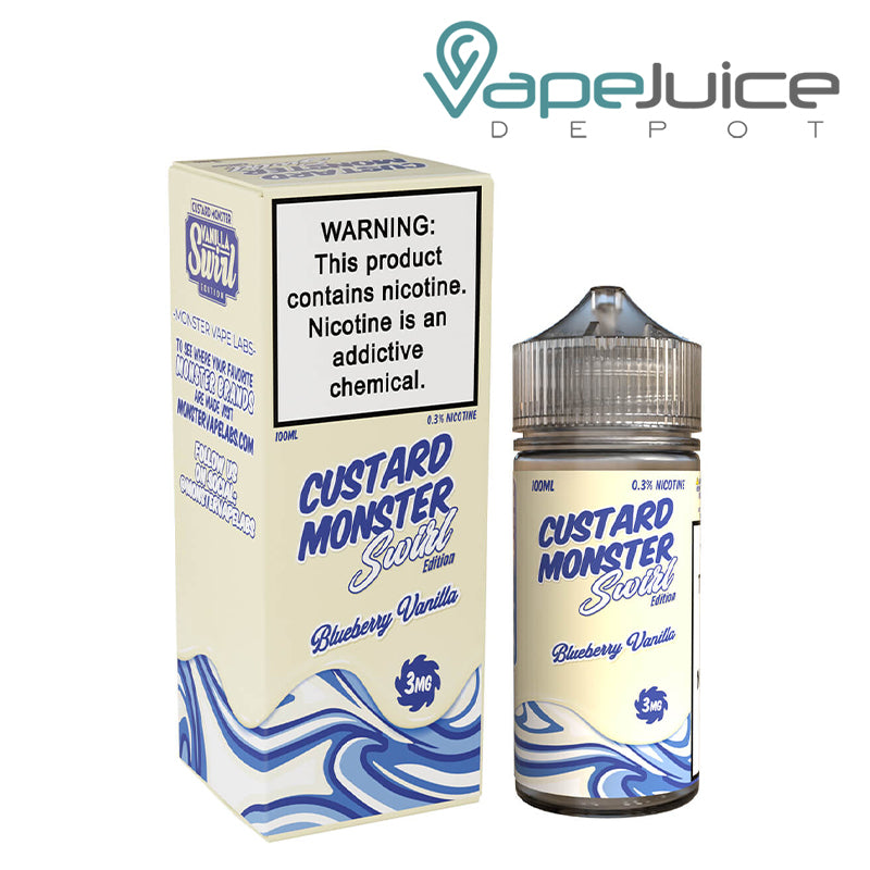 A Box of 3mg Blueberry Vanilla Custard Monster Swirl with a warning sign and a 100ml bottle next to it - Vape Juice Depot