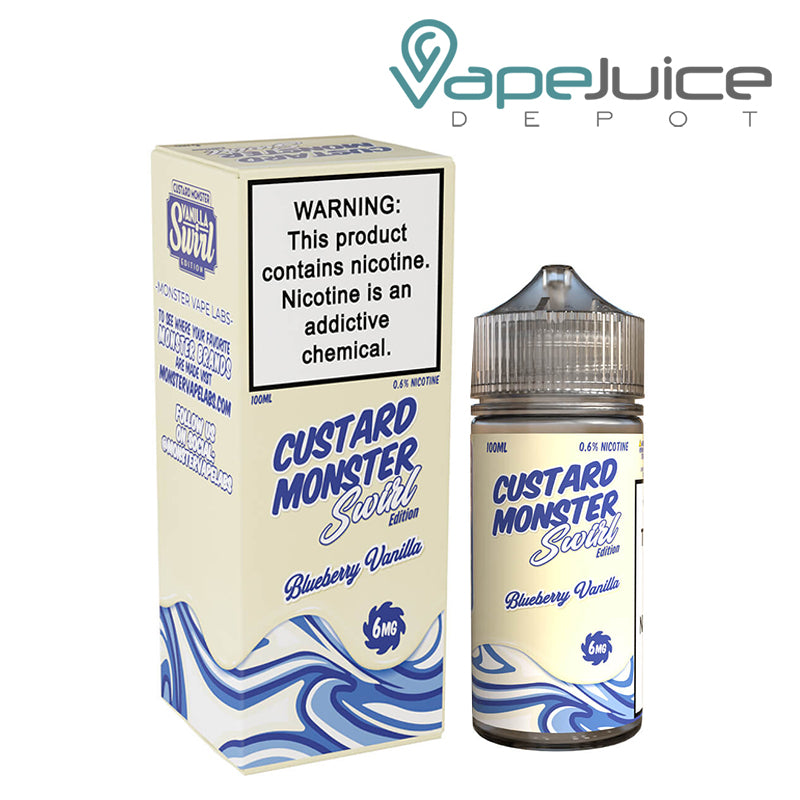 A Box of 6mg Blueberry Vanilla Custard Monster Swirl with a warning sign and a 100ml bottle next to it - Vape Juice Depot