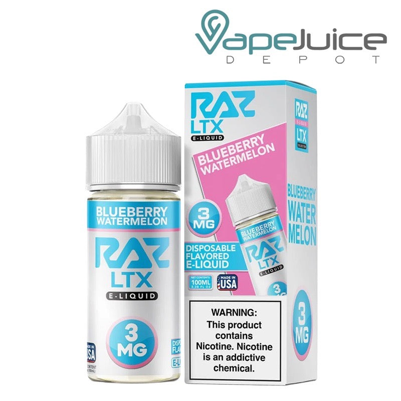 A 100ml bottle of Blueberry Watermelon Pod Juice x RAZ LTX and a box with a warning sign next to it - Vape Juice Depot