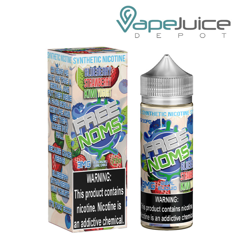 A Box of Blueberry Yogurt Strawberry Kiwi FreeNoms TFN with a warning sign next to its 120ml bottle - Vape Juice Depot