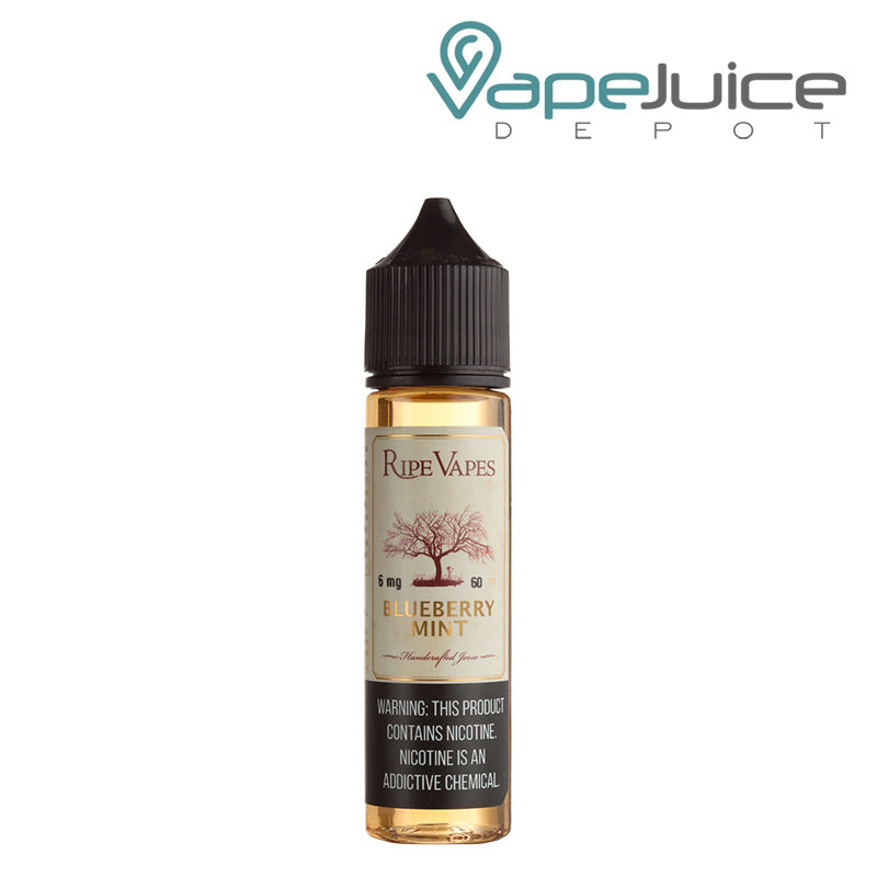 A 60ml bottle of Blueberry Mint Ripe Vapes eLiquid with a warning sign - Vape Juice Depot