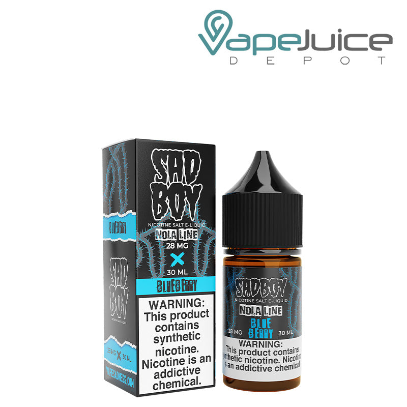 A box of Blueberry Nola Salt SadBoy eLiquid with a warning sign and a 30ml bottle next to it - Vape Juice Depot