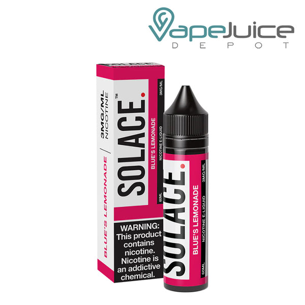 A box of Blue's Lemonade Solace Vapors with a warning sign and a 60ml bottle next to it - Vape Juice Depot