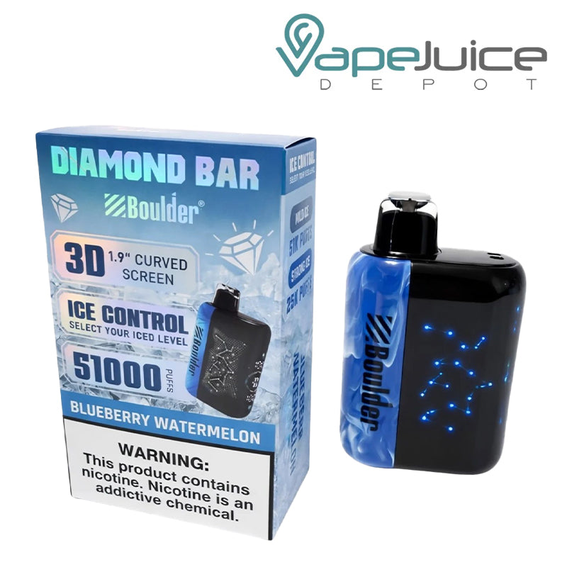 A Box of Blueberry Watermelon Boulder Diamond Bar 51K Disposable with a warning sign and a device with display screen next to it - Vape Juice Depot