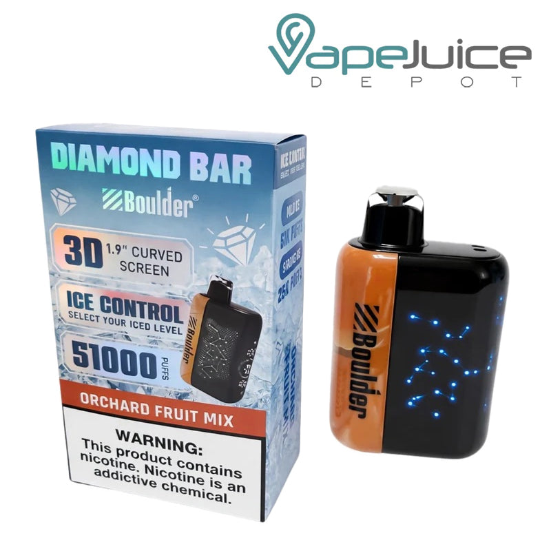 A Box of Orchard Fruit Mix Boulder Diamond Bar 51K Disposable with a warning sign and a device with display screen next to it - Vape Juice Depot