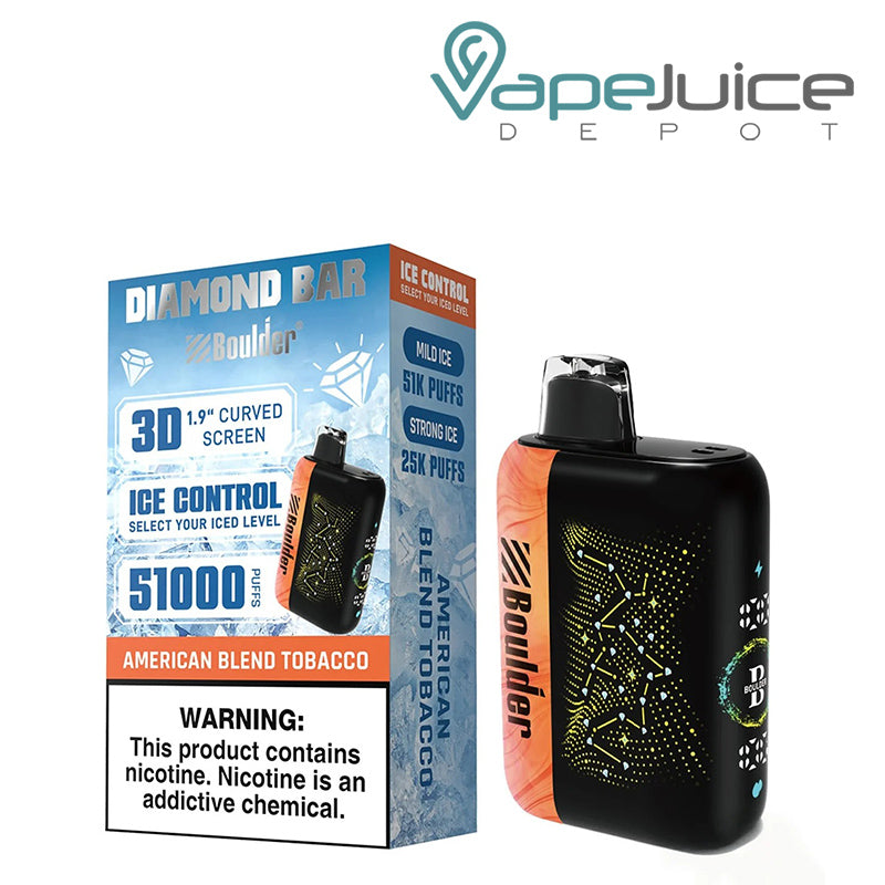 A Box of American Blend Tobacco Boulder Diamond Bar 51K Tobacco Disposable with a warning sign and a device with display screen next to it - Vape Juice Depot