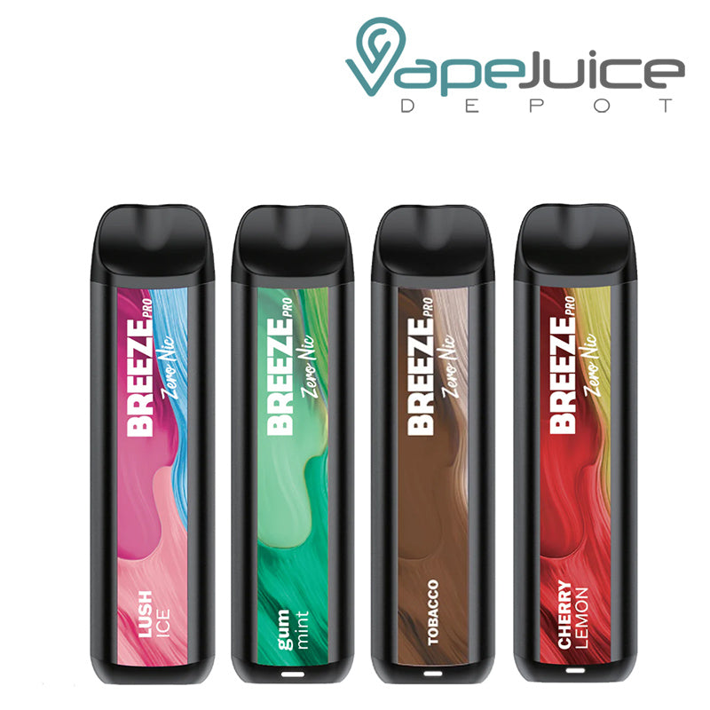 Four flavors of Breeze Pro ZERO Nicotine Disposable - Vape Juice Depot