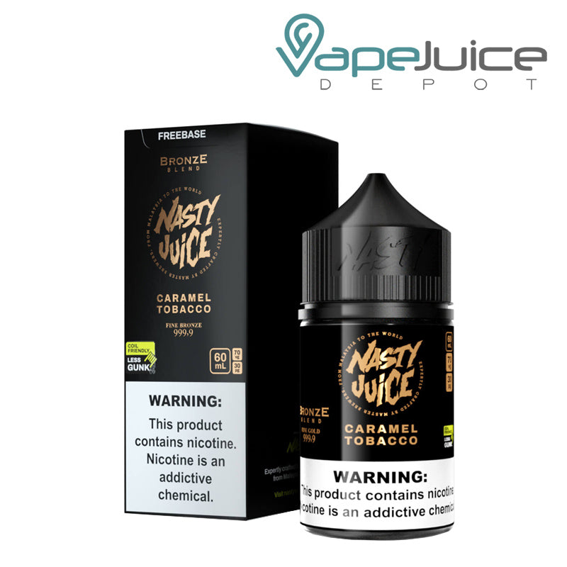 A box of Bronze Blend Nasty Juice with a warning sign and a 60ml bottle next to it - Vape Juice Depot