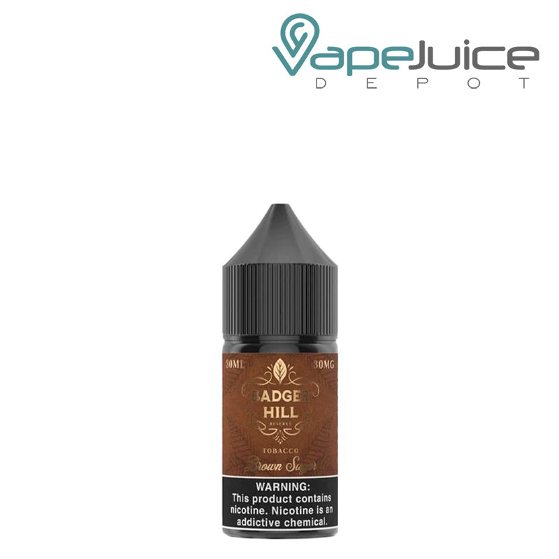 A 30ml bottle of Brown Sugar Badger Hill Reserve Salt with a warning sign - Vape Juice Depot