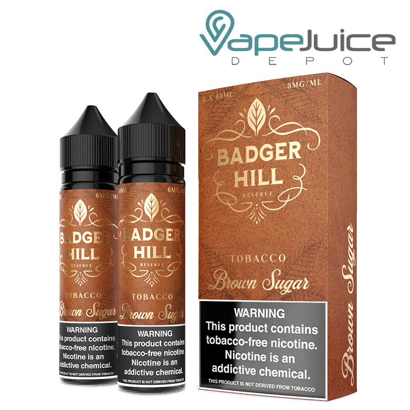 Two 60ml bottles of Brown Sugar Badger Hill Reserve with a warning sign and a box next to it - Vape Juice Depot