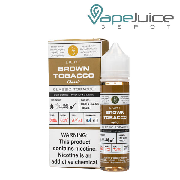 A box of Brown Tobacco Glas Basix Series with a warning sign and a 60ml bottle next to it - Vape Juice Depot