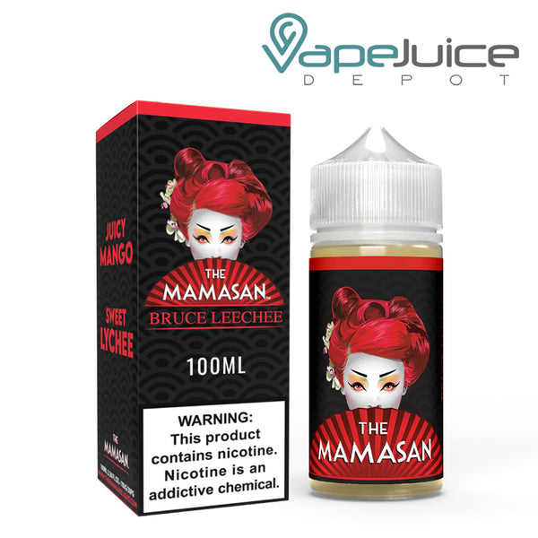 A box of Bruce Leechee The Mamasan eLiquid with a warning sign and a 100ml bottle next to it - Vape Juice Depot