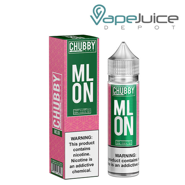 A box of Bubble Melon Chubby Vapes with a warning sign and a 60ml bottle next to it - Vape Juice Depot