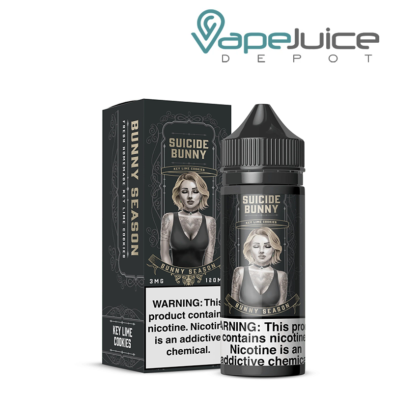A Box of Bunny Seasons Suicide Bunny with a warning sign and a 120ml bottle next to it - Vape Juice Depot