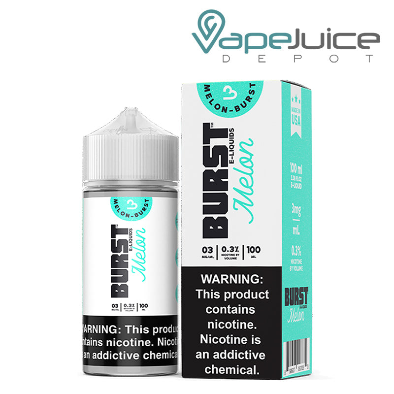 A 100ml bottle of Melon Burst eLiquid and a box with a warning sign next to it - Vape Juice Depot