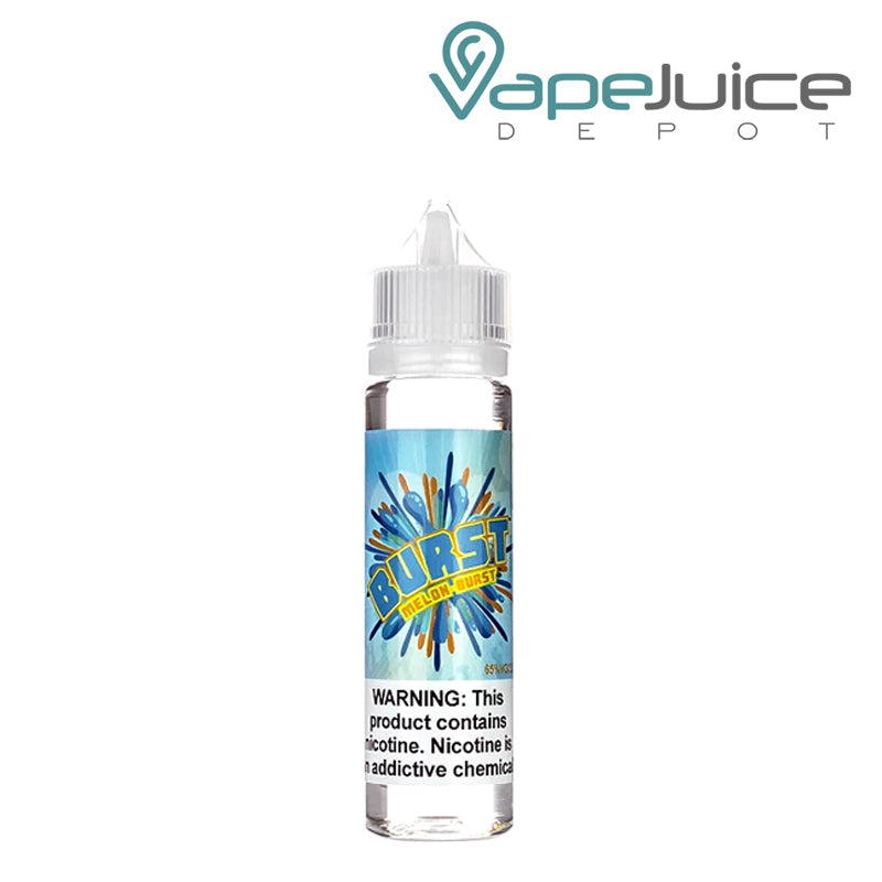 A 60ml bottle of Melon-Burst eLiquid with a warning sign - Vape Juice Depot