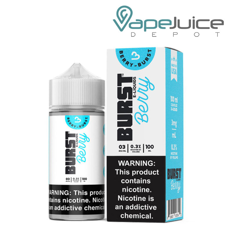 A 100ml bottle of Berry Burst eLiquid and a box with a warning sign next to it - Vape Juice Depot