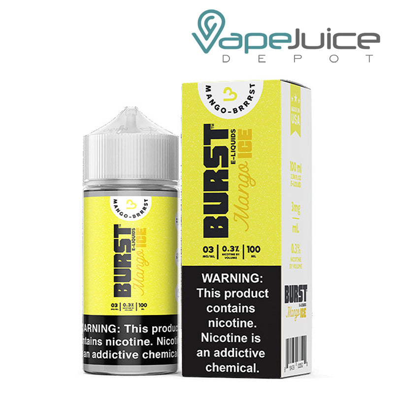 A 100ml bottle of Mango Ice Burst eLiquid and a box with a warning sign next to it - Vape Juice Depot