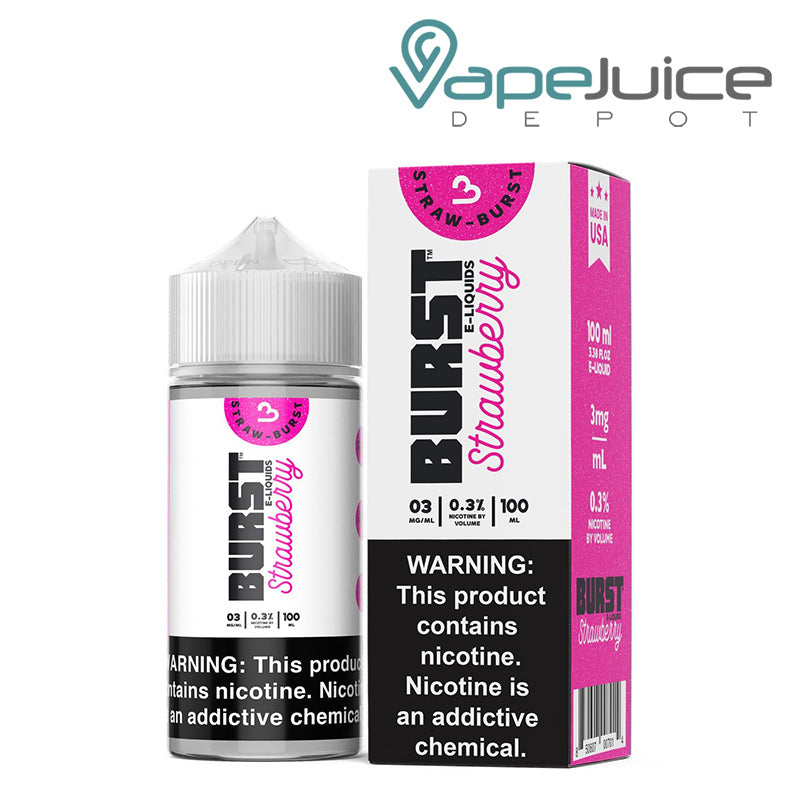 A 100ml bottle of Strawberry Burst eLiquid and a box with a warning sign next to it - Vape Juice Depot