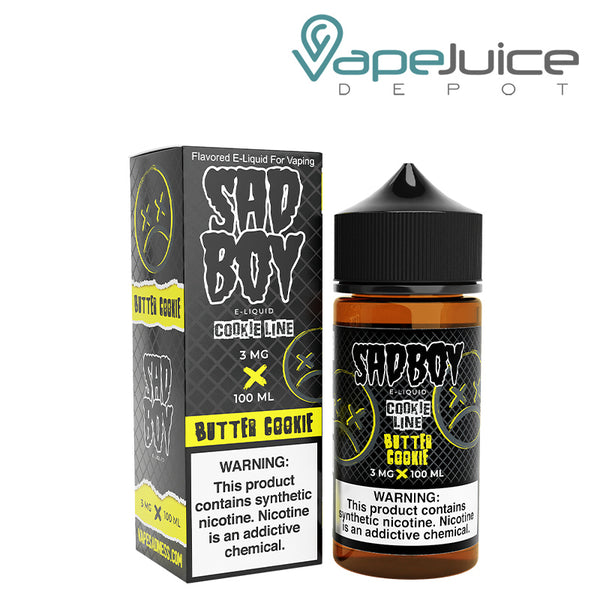 A box of Butter Cookie SadBoy eLiquid with a warning sign and a 100ml bottle next to it - Vape Juice Depot