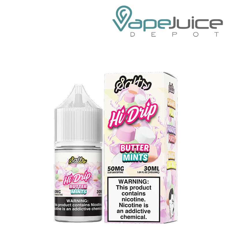 A 30ml Bottle of Butter Mints Hi Drip Salts 50mg and a box with a warning sign next to it - Vape Juice Depot
