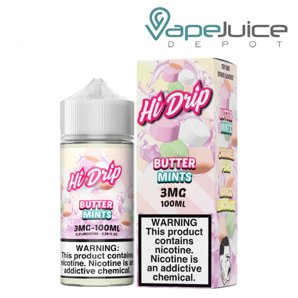 A 100ml bottle of Butter Mints Hi-Drip eLiquid and a box with a warning sign next to it - Vape Juice Depot