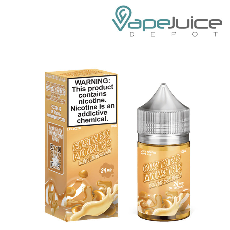 A box of Butterscotch Custard Monster Salt with a warning sign and a 30ml gorilla bottle next to it - Vape Juice Depot