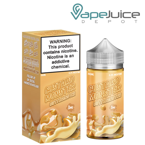 A 100ml bottle of Butterscotch Custard Monster eLiquid and its box with a warning sign next to it - Vape Juice Depot