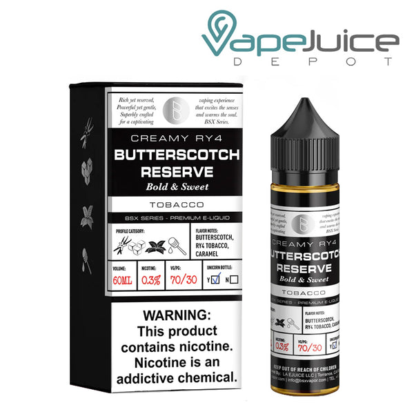 A box of Butterscotch Reserve Glas Basix Series with a warning sign and a 60ml bottle next to it - Vape Juice Depot