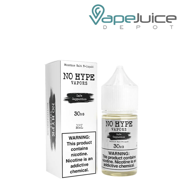 A box of Cafe Cappuccino No Hype Vapors with a warning sign and a 30ml bottle next to it - Vape Juice Depot
