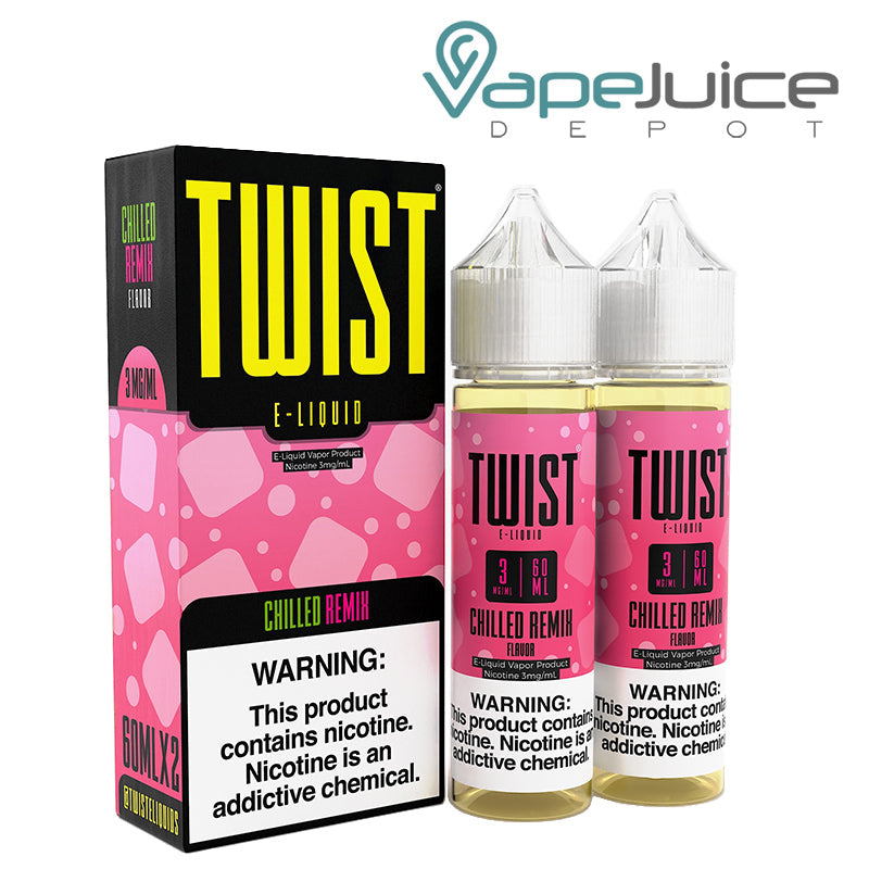A box of Chilled Remix Twist 3mg E-Liquid with a warning sign and two 60ml bottles next to it - Vape Juice Depot