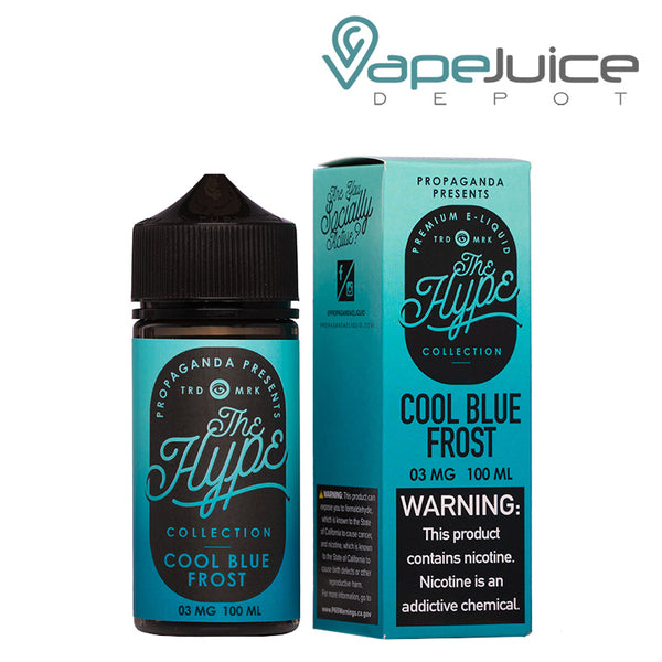 A 100ml bottle of COOL BLUE FROST Propaganda The Hype eLiquid and a box with a warning sign next to it - Vape Juice Depot