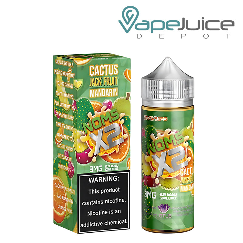 A Box of Cactus Jackfruit Mandarin NOMS X2 with a warning sign and a 120ml bottle next to it - Vape Juice Depot