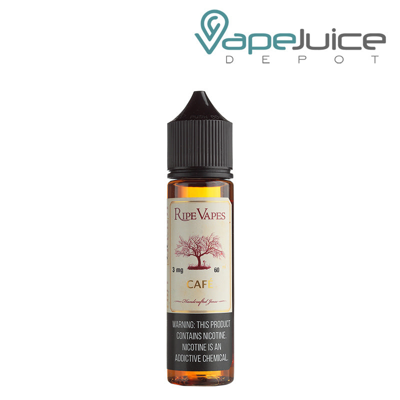 A 60ml bottle of Cafe Ripe Vapes eLiquid with a warning sign - Vape Juice Depot