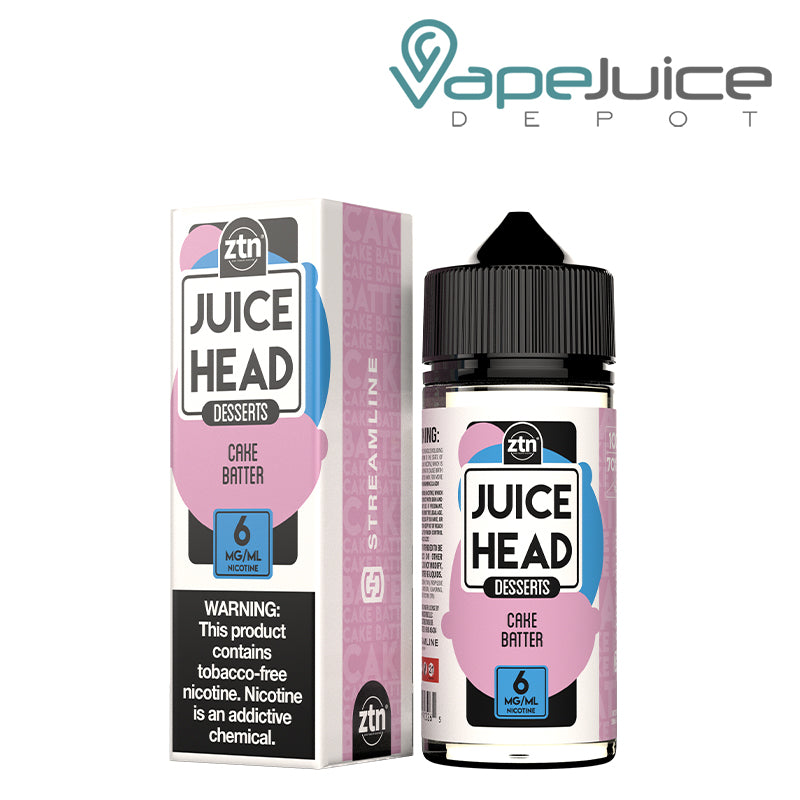 A box of 6mg Cake Batter ZTN Juice Head with a warning sign and a 100ml bottle next to it - Vape Juice Depot