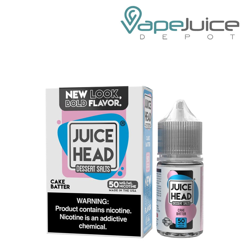 A box of Cake Batter Juice Head Dessert salt with a warning sign and a 30ml bottle next to it - Vape Juice Depot
