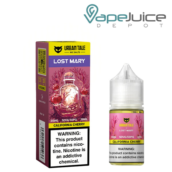 A Box of California Cherry Urban Tale x Lost Mary Salt 35mg with a warning sign and a 30ml bottle next to it - Vape Juice Depot