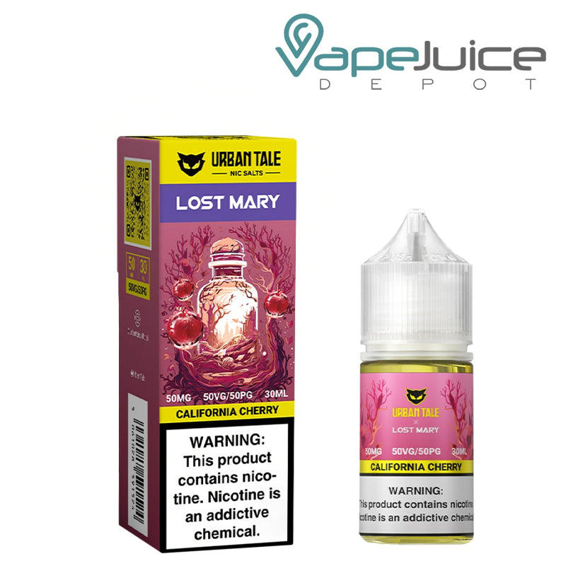 A Box of California Cherry Urban Tale x Lost Mary Salt 50mg with a warning sign and a 30ml bottle next to it - Vape Juice Depot