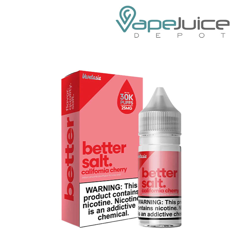 A box of California Cherry Vapetasia Better Salt and a 30ml bottle with a warning sign next to it - Vape Juice Depot