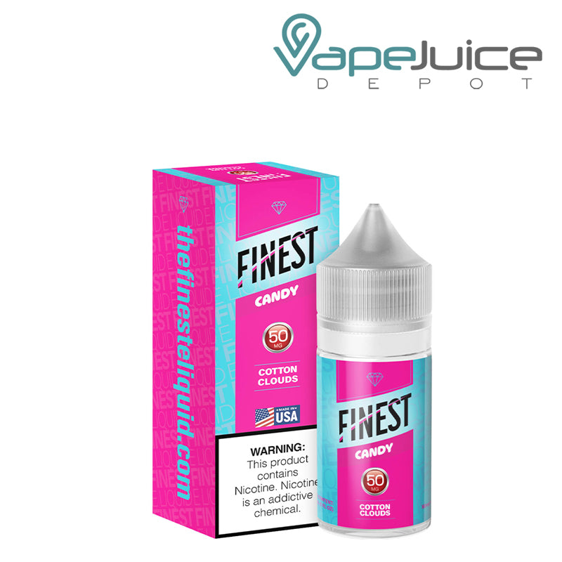 A box of Cotton Clouds Finest SaltNic Series with a warning sign and a 30ml 50mg bottle next to it - Vape Juice Depot