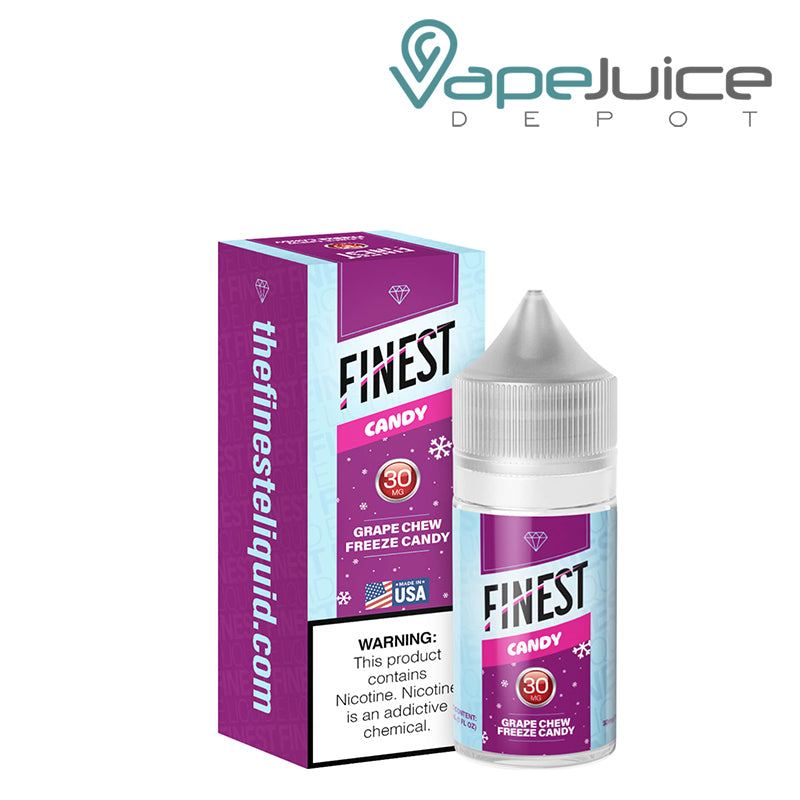 A Box of Grape Chew Freeze Candy The Finest Salt Nic with a warning sign and a 30ml 30mg bottle next to it - Vape Juice Depot