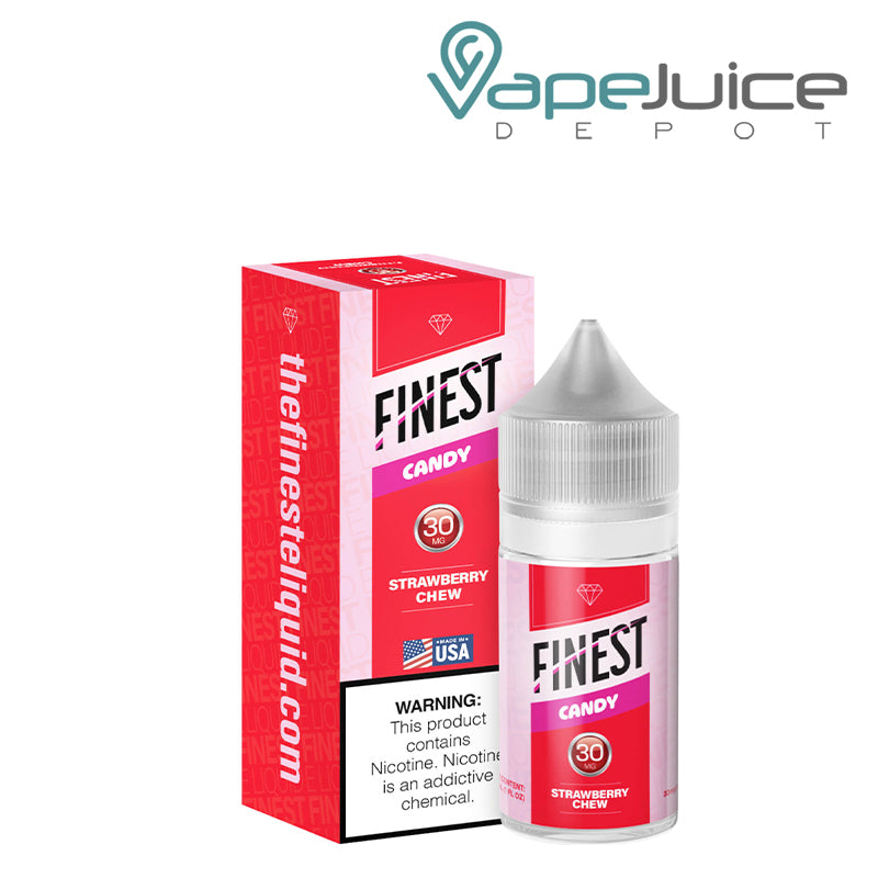 A box of Strawberry Chew Finest SaltNic Series with a warning sign and a 30ml 30mg bottle next to it - Vape Juice Depot